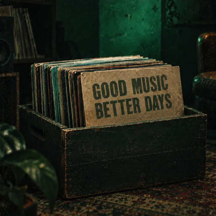 Un bac de vinyles avec une pancarte Good music, better days.
