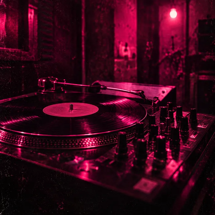 Des platines vinyles sous une lumière rose dans un club.