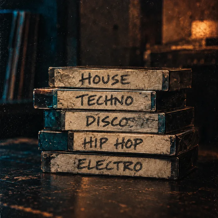 Des boîtes de disques étiquetées House, Techno, Disco, Hip hop et Electro.
