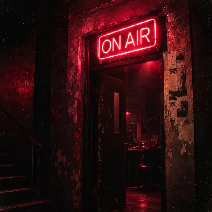 Une entrée de studio éclairée par une enseigne rouge On air.