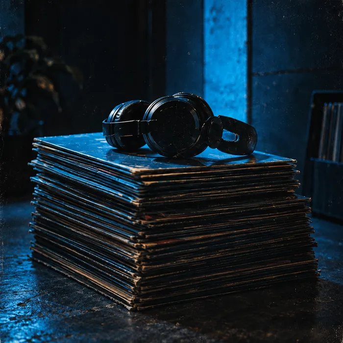 Un casque posé sur une pile de disques vinyles éclairés en bleu.