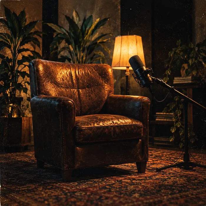 Un fauteuil en cuir et un micro dans un salon éclairé par une lampe.
